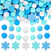 JarThenaAMCS 106 Pcs Winter Silicone Bead Snowflake Round Octagonal Loose Bead Blue White Spacer Beads for Christmas DIY Necklace Bracelet Keychain Jewelry Making