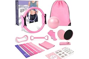 15 PCS Pilates Kit for Women, Pink Pilates Ring & Ball Set with 5–30 lbs Resistance Bands, Sliding Discs Mini Ball Stretch St