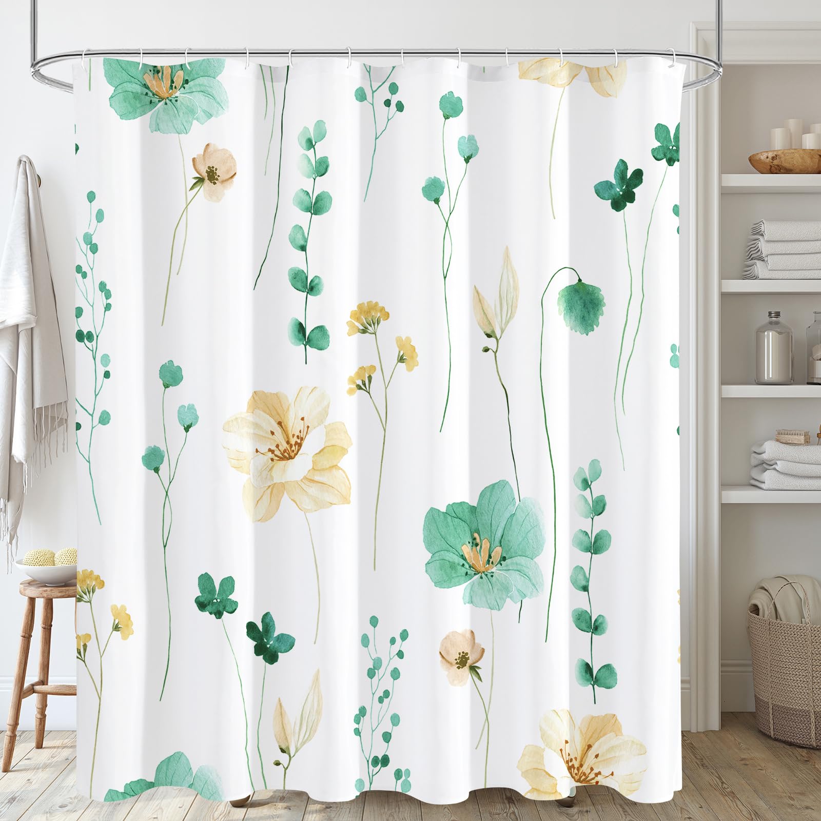 Gibelle Long Shower Curtain 72 x 78, Watercolor Floral Fabric Shower Curtain, Mint Green Beige Flower Decorative Bathroom Shower Curtain Set