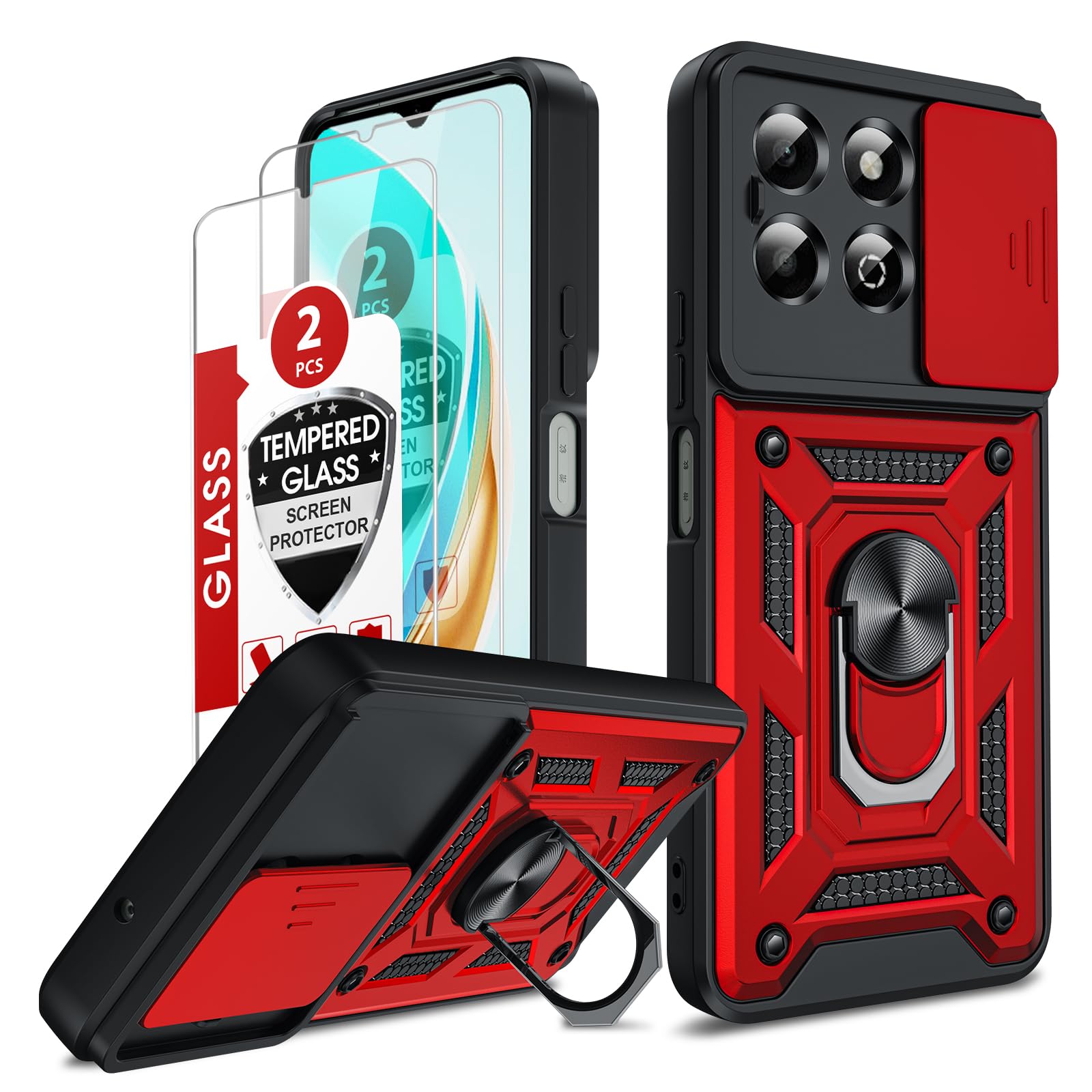 LeYi for Honor X6b Phone Case, 2 Pack Screen Protectors, Ring Stand Holder, Military Shockproof Rugged Mobile Phone Cover with Camera Lens Slide Design for Honour X6b 4G, Red