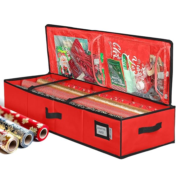 HOLDN’ STORAGE PREMIUM WRAPPING PAPER STORAGE CONTAINER – DURABLE 600D TEAR-PROOF, FITS 27 ROLLS GIFT WRAP, EXTRA POCKETS FOR RIBBONS & BOWS, UNDERBED STORAGE – IDEAL FOR HOLIDAY CHRISTMAS, RED