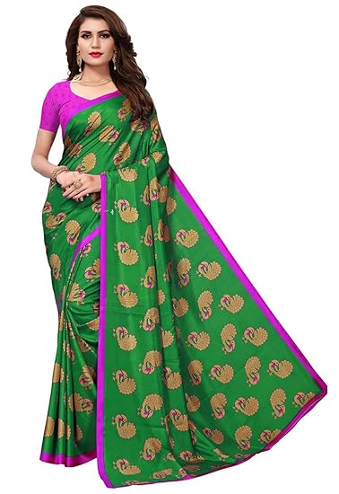 Womens Poly Silk Printed Saree with Blouse Piece (Green)