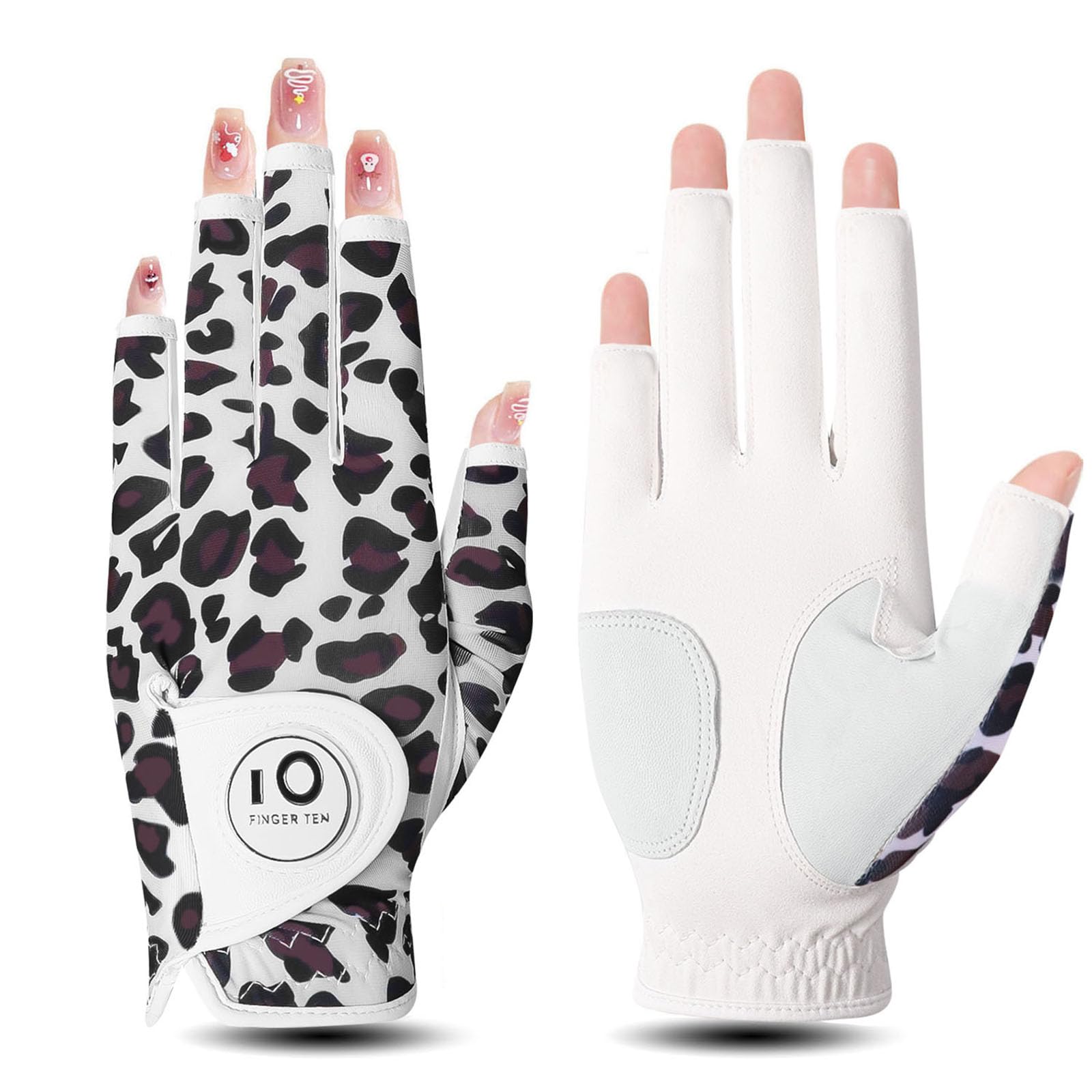 Golf Gloves Women Left Hand Right Cabretta Leather with Ball Marker Full Finger/Nail Colors Value Pack, Ladies Golf Glove Fashion Weathersof for Perfect Swing (Leopard Nail Color, M-Worn on Left Hand) — image 1