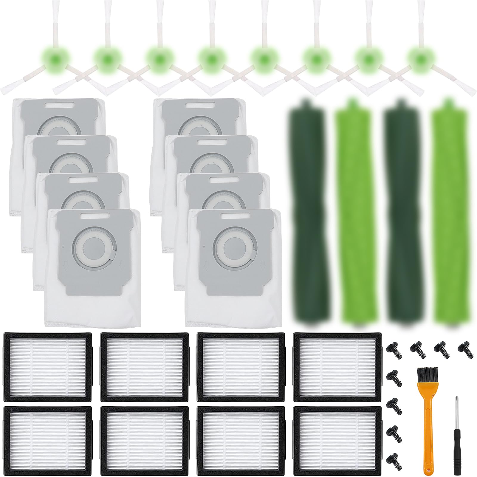 26 Pack Compatible with E/i/j Series Replacement Parts, E5 E6 E7 i2 i3 i3+i4 i4+ i6 i6+ i7 i7+ i8 i8+/Plus, 2 sets of multi-surface rubber roller brush 8 filters 8 side brushes 8 bags