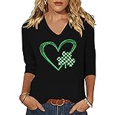 St Patricks Day Shirt Women Irish Shirts Lucky Shamrock T-Shirt St Patty's Day V Neck 3/4 Sleeve Gift Tee Tops