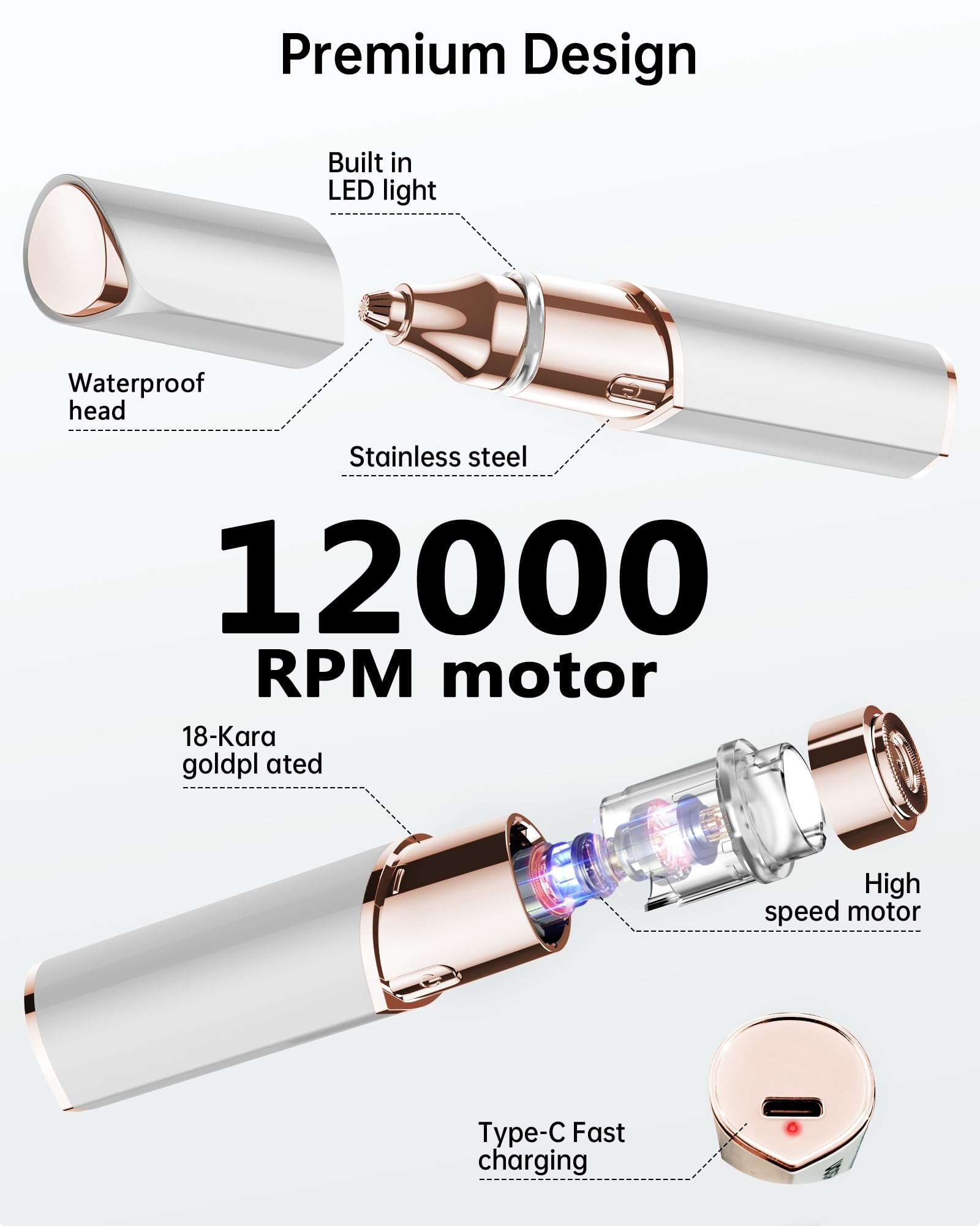 KEESON Facial Hair Removal for Women, 2-in-1 Electric Eyebrow Trimmer with LED Light, Rechargeable Hair Removal Device Face Shaver Facial Hair Remover for Women Face, Lip, Peach Fuzz (White)