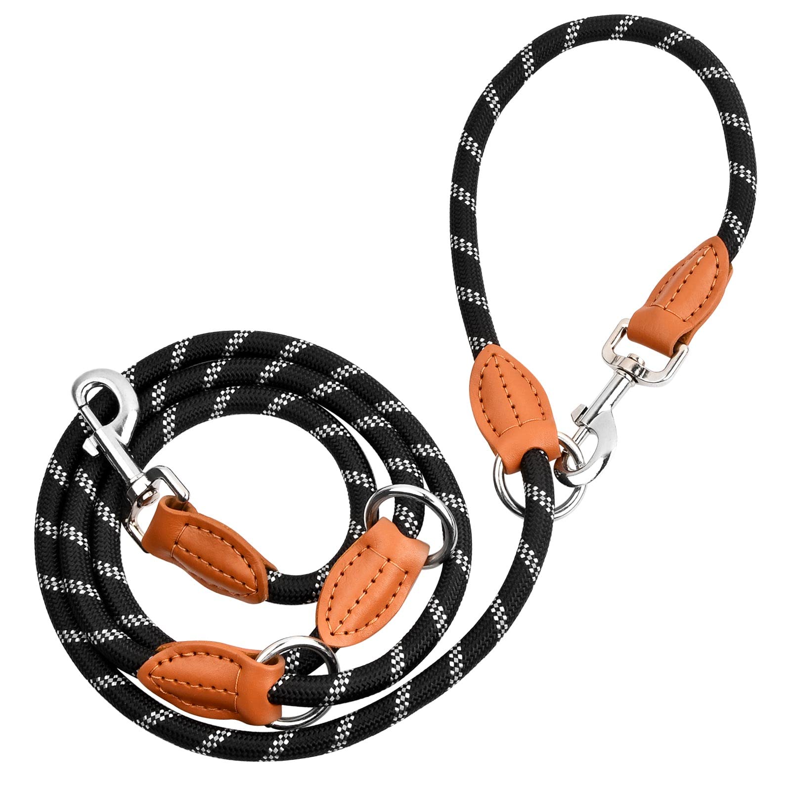 Multi-Function Hands Free Dog Lead, 2m Adjustable Double Ended Lead Dog Training Lead Leash with 2 Movable Metal Rings, for Training Walking Running Multi-Function Dog Lead Rope (Black)