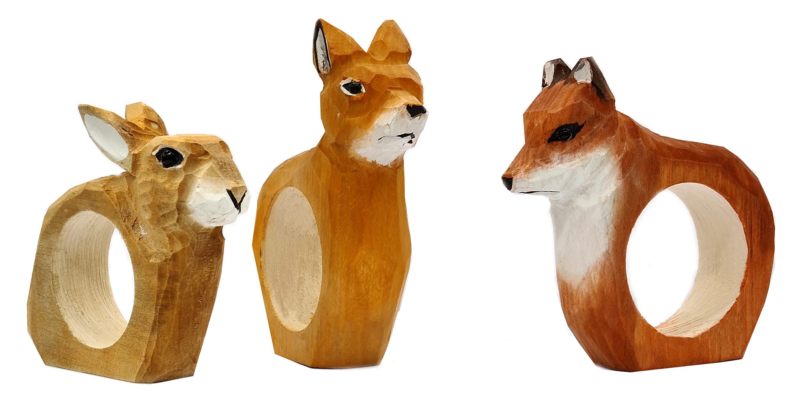your castle Napkin Rings, Hand Carved, Animal Design - Deer, Fox, Rabbit, Set of 3, Made of Wood, Hand-Painted, Versatile, with Stable Base, 9 x 7 x 2 cm