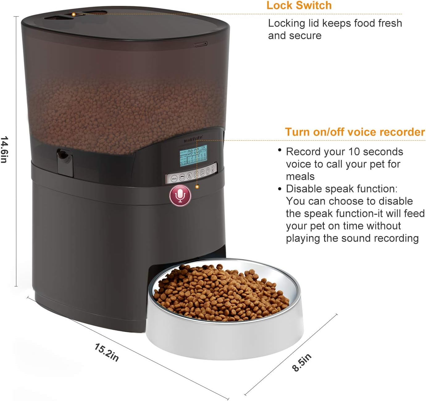 Kitchen & Dining : WellToBe Automatic Cat Feeder, 7L Pet Feeder Transnsparent Food Dispenser for Dogs and Cats, Programmable Timer for up to 6 Meals per Day, 1-48 Portion Control, 10s Voice Recorder : 