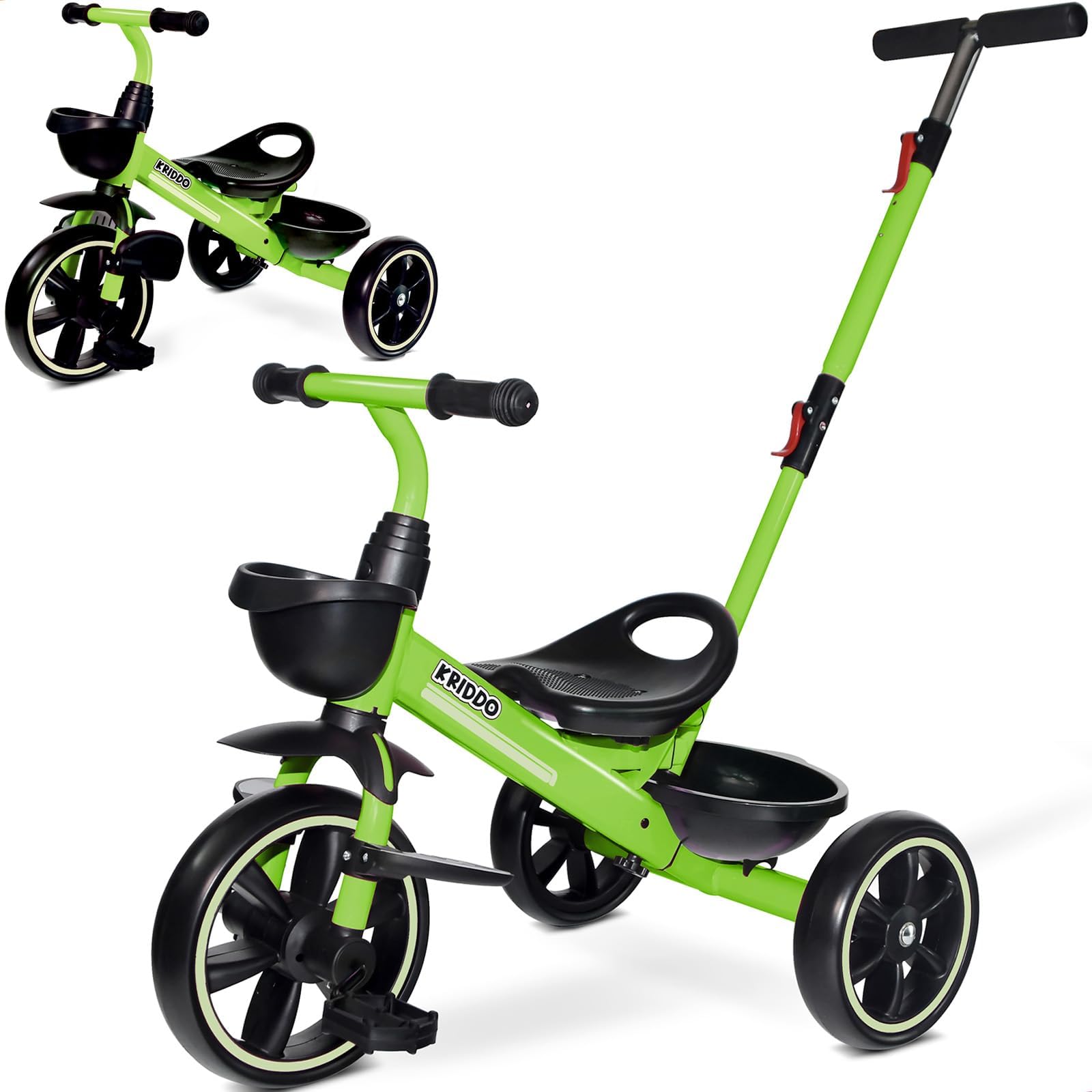 Photo 1 of KRIDDO 2-in-1 Toddler Tricycle for Ages 18 Months to 5 Years Old - Extended Push Handle for Effortless Push, Gift Trike for Toddler 3 to 5 Year, Kids Tricycle with Foldable Front Footrest, Green