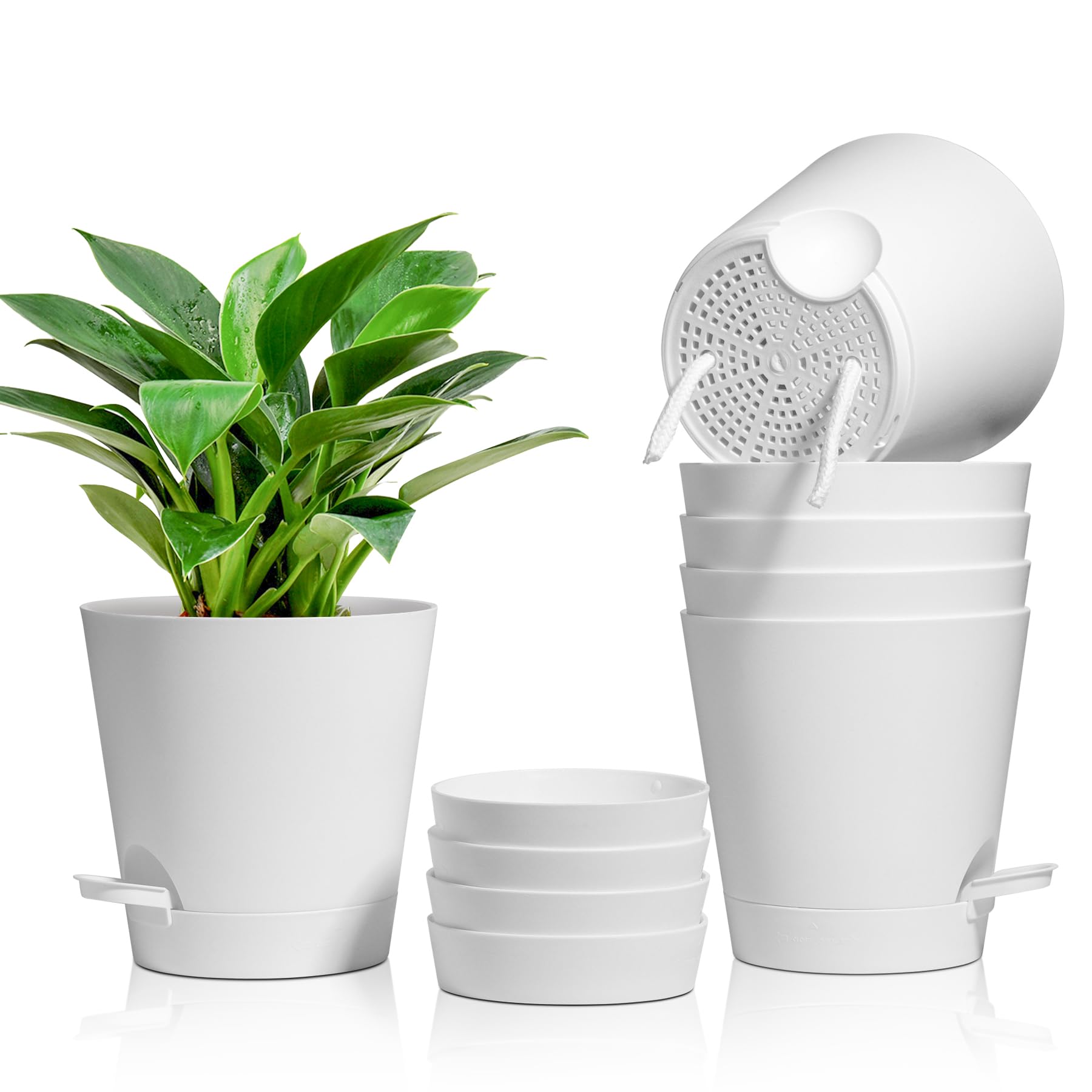 T4U Self Watering Plant Pots 16.5CM White Set of 6, Plastic Indoor Planter with Drainage Hole & Saucer, Decorative Modern Flower Planter Pot for Rose, Flower, Snake Plant, Orchid, Aloe, House Plants
