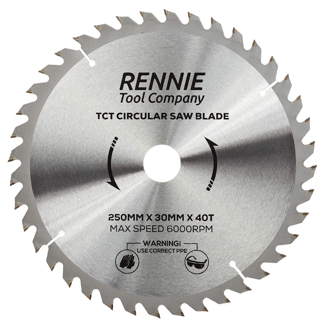 Rennie Tools - 250mm x 30mm x 40T TCT Circular Wood Saw Blade Includes 25mm 20mm & 16mm Bore Reduction Rings. Compatible with Bosch Makita Dewalt Circular Saw Etc. Fits 255mm Circular Saws