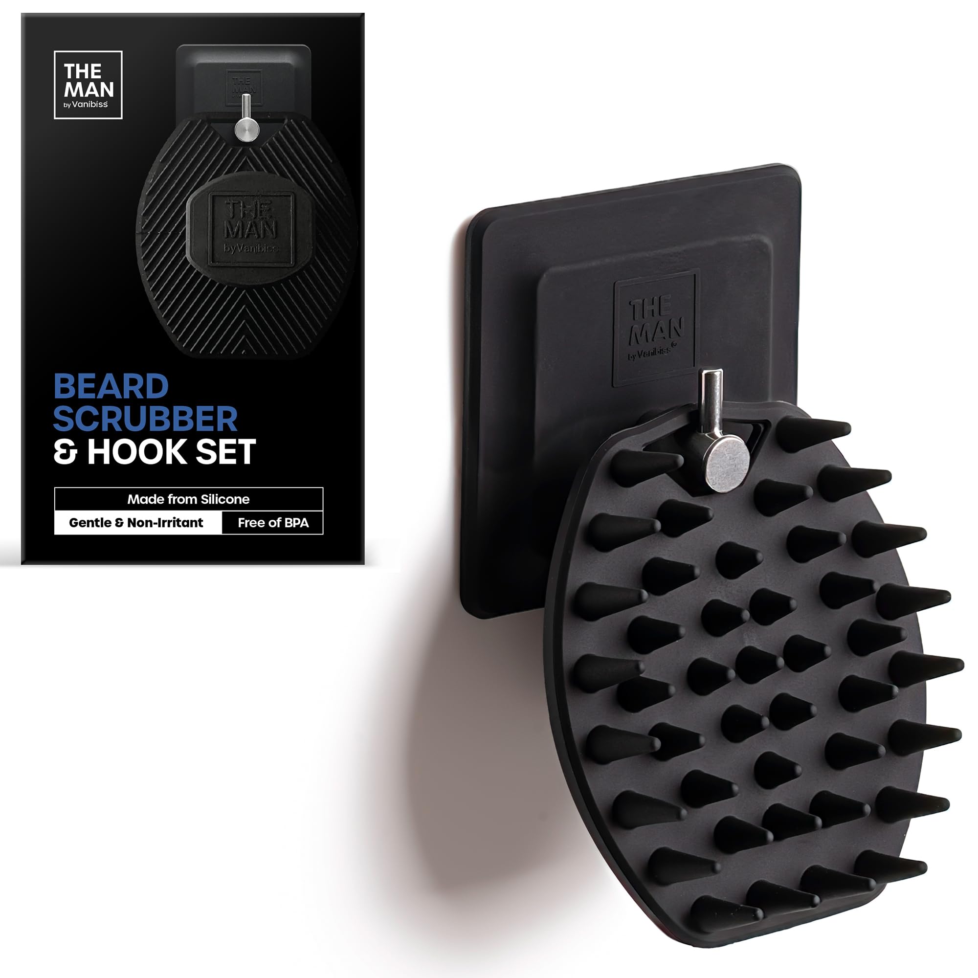 The Man Silicone Beard Scrubber & Hook - Silicone Beard Brush & Exfoliator for Men - Removes Beardruff - Deep Cleans, Unclogs Pores - Facial Hair Cleansing Brush (1Set)