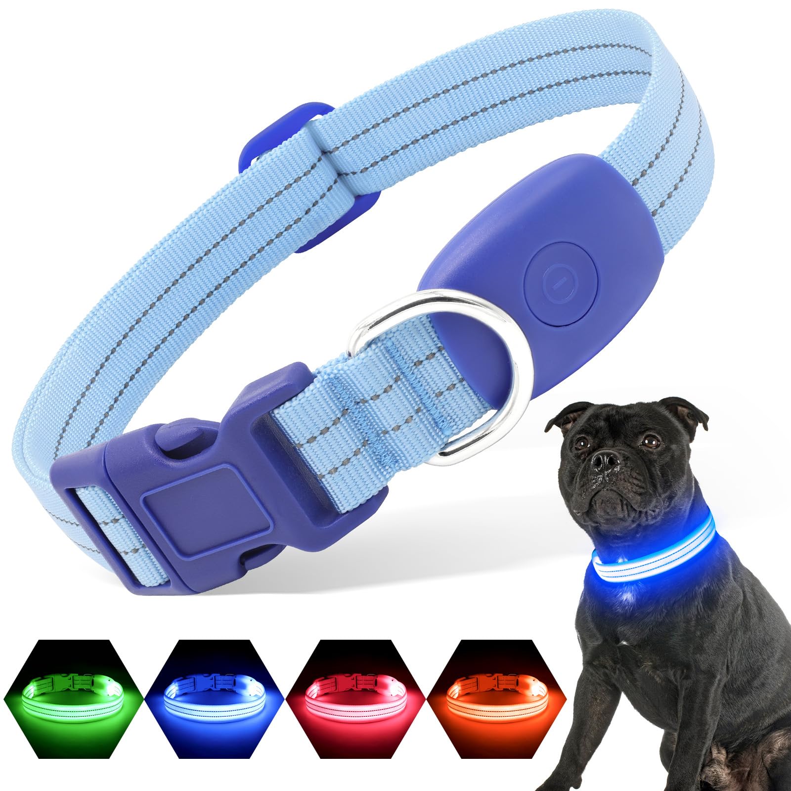 Photo 1 of Pzrlit  Dog Collars Rechargeable, Reflective LED Glow Dark Dog Collar for Small Medium Large Dogs, Adjustable Pet Dog Lights for Safe Night Walk-Blue, Small