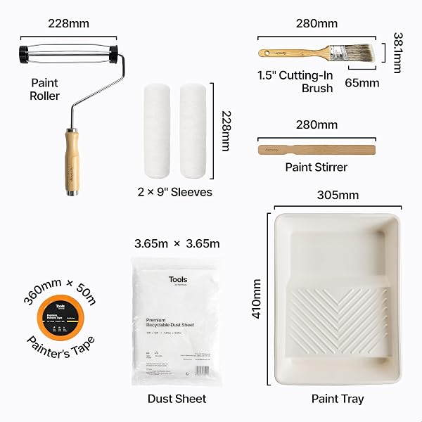 PAINTING KIT 9 INCH | PAINT ROLLER KIT INCLUDES 9″ ROLLER FRAME, 2 MID PILE SLEEVES, TRAY, 1.5″ CUTTING IN PAINT BRUSH, 12FT DUST SHEET, STIRRER & 50M PAINTERS TAPE | PREMIUM PAINTING SUPPLIES, HEMWAY