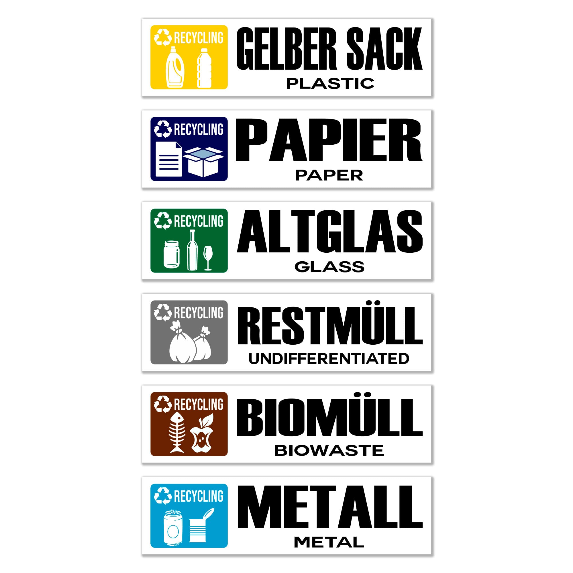 GamesMonkey® - Recycling Waste Recycling Stickers - DE v1 - Washable Waterproof Illustrated - German English - Glossy Vinyl DH (15x4cm, 6 Pieces)