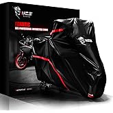 MZS Motorcycle Cover Waterproof Outdoor fits up to 86" Sport Bikes Cruiser | All Season Weather Heavy Duty Bike Cover Sun UV Rain Protection Vents Reflective Windproof Buckle Lock-Holes Storage, Black L