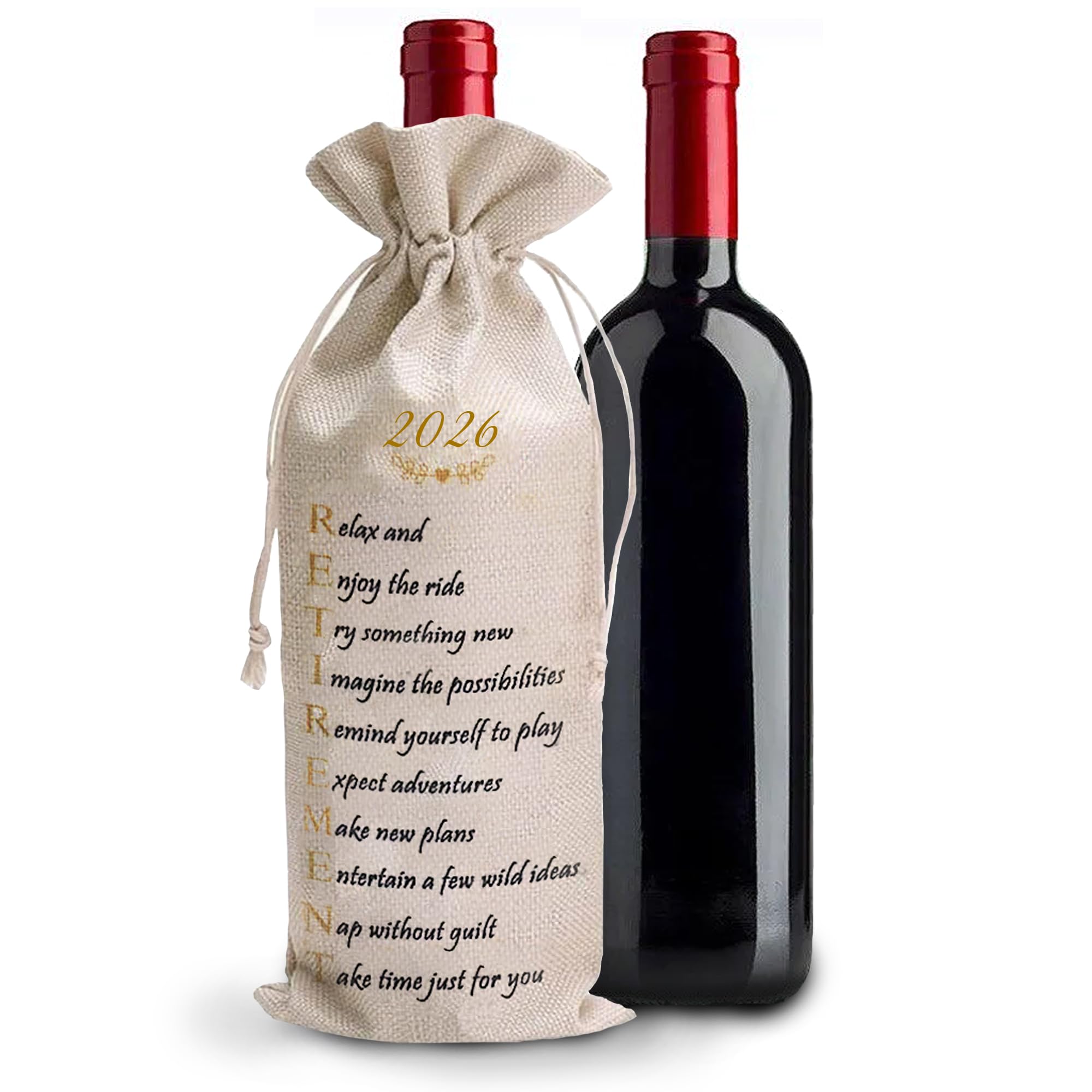 Lev's Retirement Gifts for Men, Women - Elegant Wine Bottle Gift Bags Natural Cotton Funny Drawstring Teachers, Employees, Colleagues