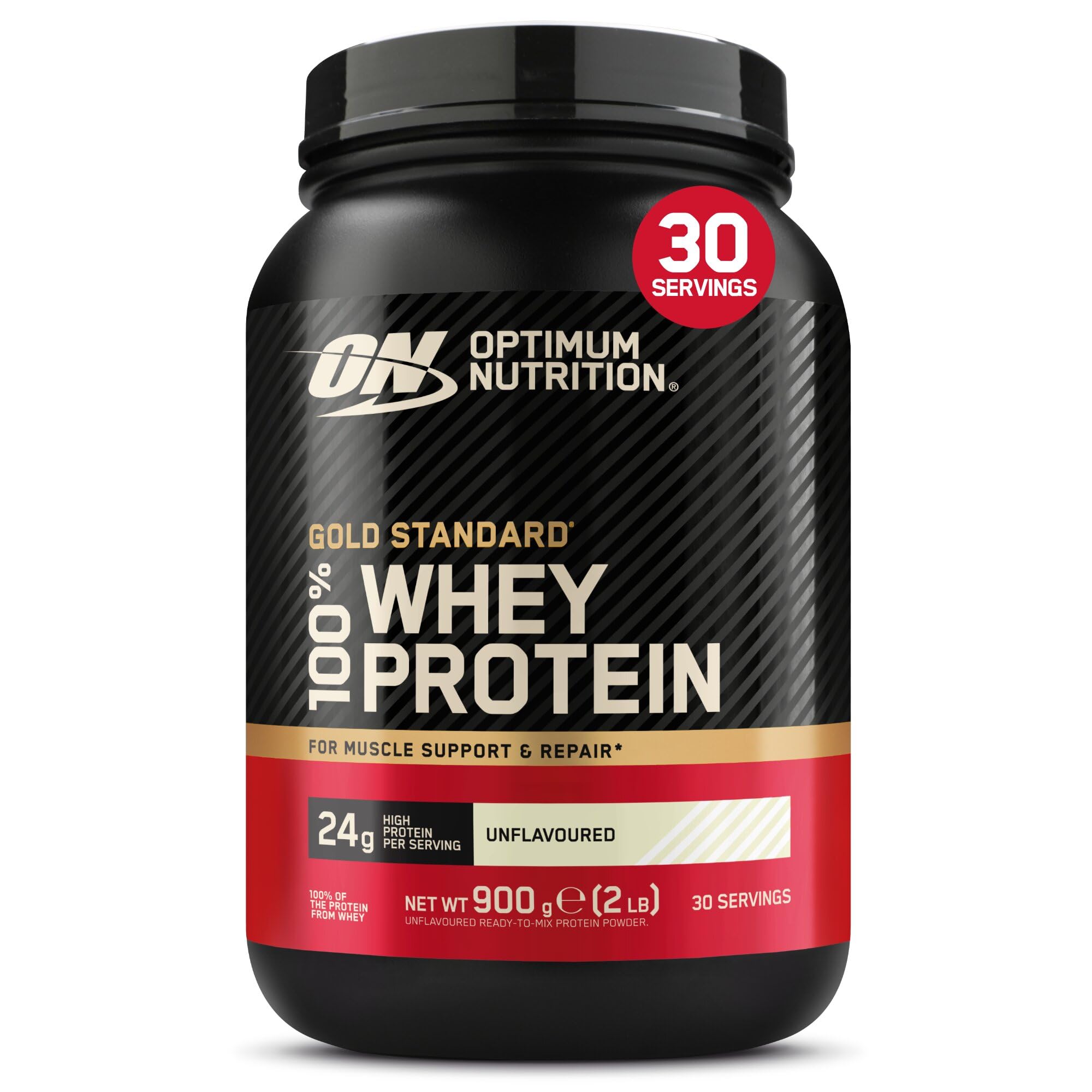 Optimum Nutrition Gold Standard 100% Whey Muscle Building and Recovery Protein Powder With Naturally Occurring Glutamine and BCAA Amino Acids, Unflavoured, 30 Servings, 900 g