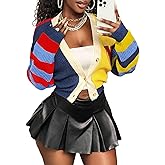 SHENHE Women's Color Block Knit Cardigan Open Front Button Down V Neck Cropped Sweater Knitwear