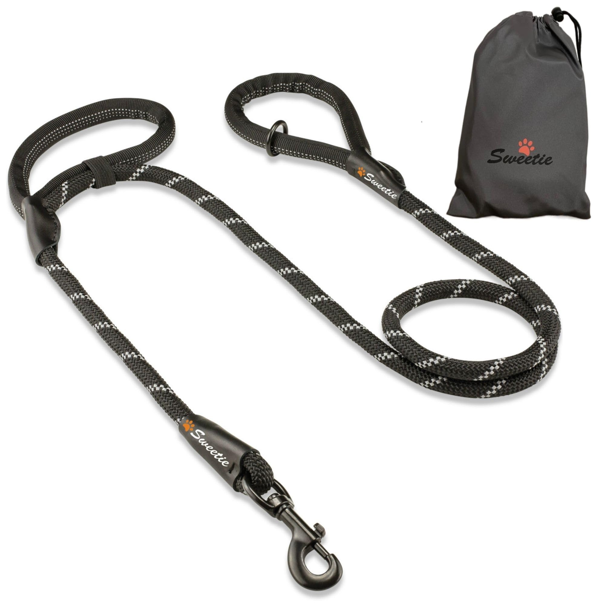 Sweetie Rope Dog Lead - Strong Leash Black with 2 Comfortable Padded Handles 5 FT for Medium & Large Size Pets - Reflective, Weather Resistant & O-Ring. Black — image 1