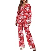 Argeousgor Women Cute Pajamas Bow Pjs Set Long Sleeve Shirt Pants Silk Heart Print 2 Piece Lounge Set