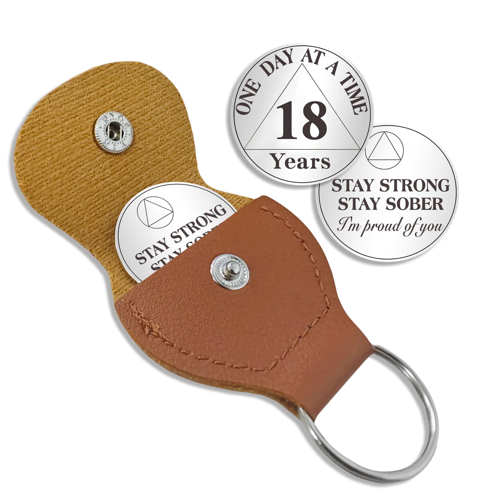 AtSKnSK 18 Year Sobriety Coin One Day at a Time AA Chips and Medallions with PU Leather Keychain Sobriety Gifts for Celebrating Alcoholics Anonymous Recovery Sobriety Gifts for Men Women