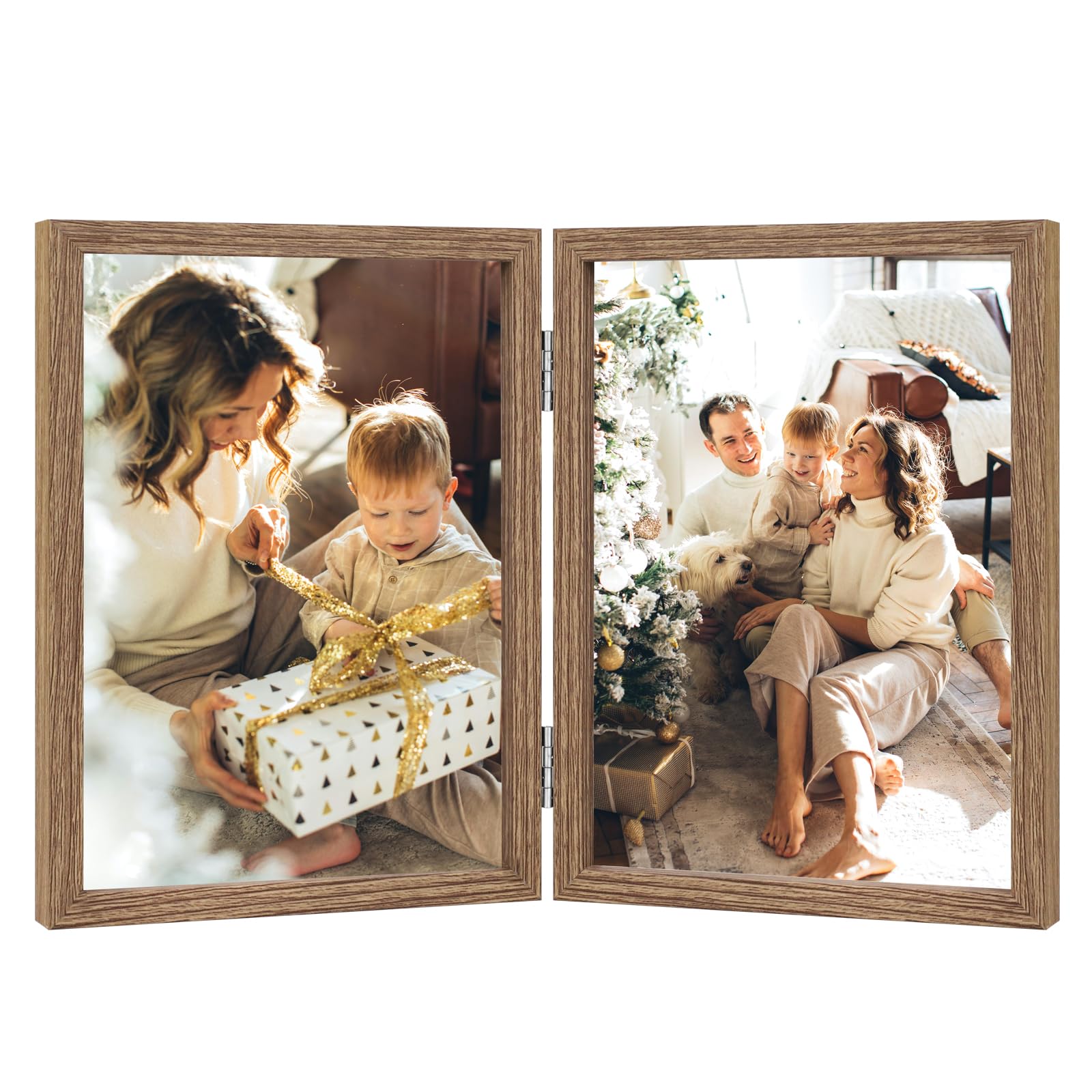 Double Photo Frame 4x6 Hinged Folding Wood Picture Frame with Glass Front Stand Vertical on Desktop Wood Grain