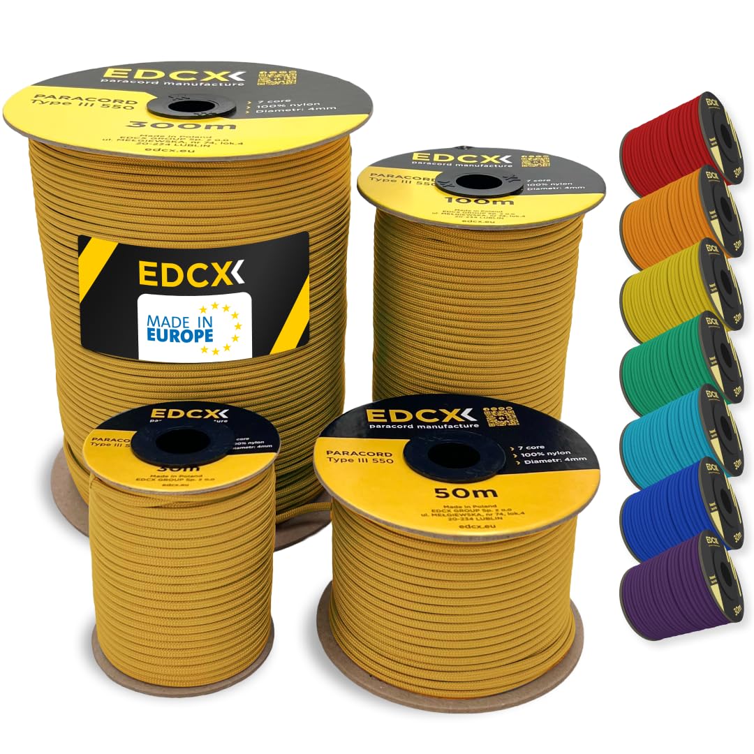 EDCX 4mm Nylon Paracord 550 100m (330 feet) | Ideal for Camping, Survival, Outdoor, Crafting, DIY | 100% Nylon Rope 4mm | Paracord 550 Type III in Solid Color (Orange Yellow, 100 m)