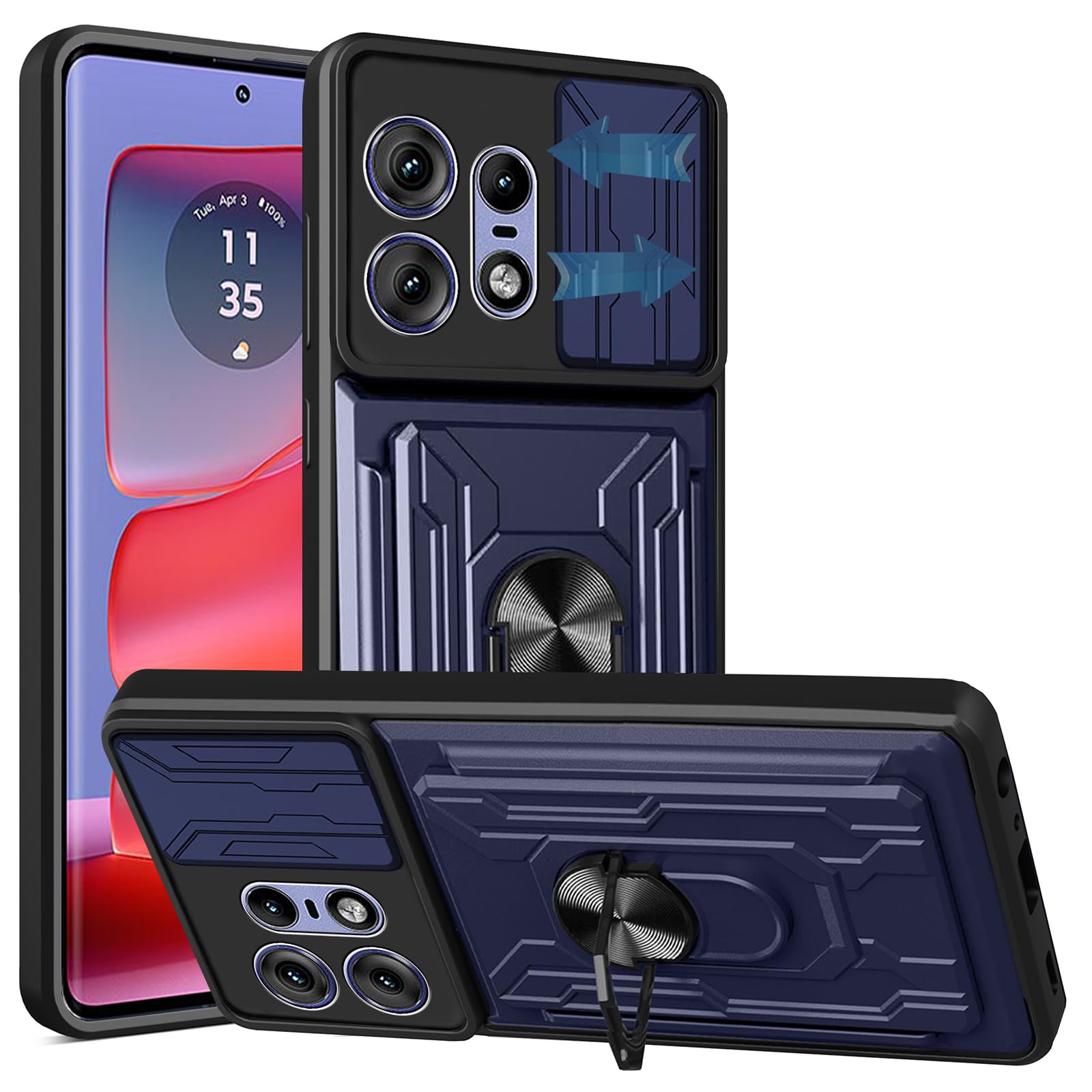 KZIOACSH Case for Motorola Edge 50 PRO 5G, Military Grade Drop Protection Phone Case [360°Rotate Magnetic Ring Stand][Slide Camera Lens][Removable Card Holder] Anti-Scratch Hybrid Bumper Cover, Blue