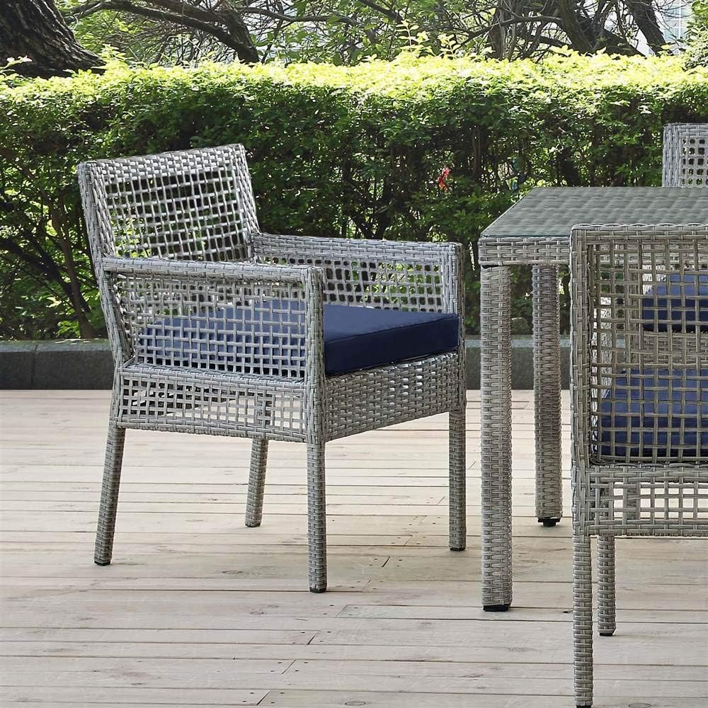 Modway Aura Wicker Rattan Outdoor Patio Dining Arm Chair with Cushion in Gray Navy : Garden & Outdoor