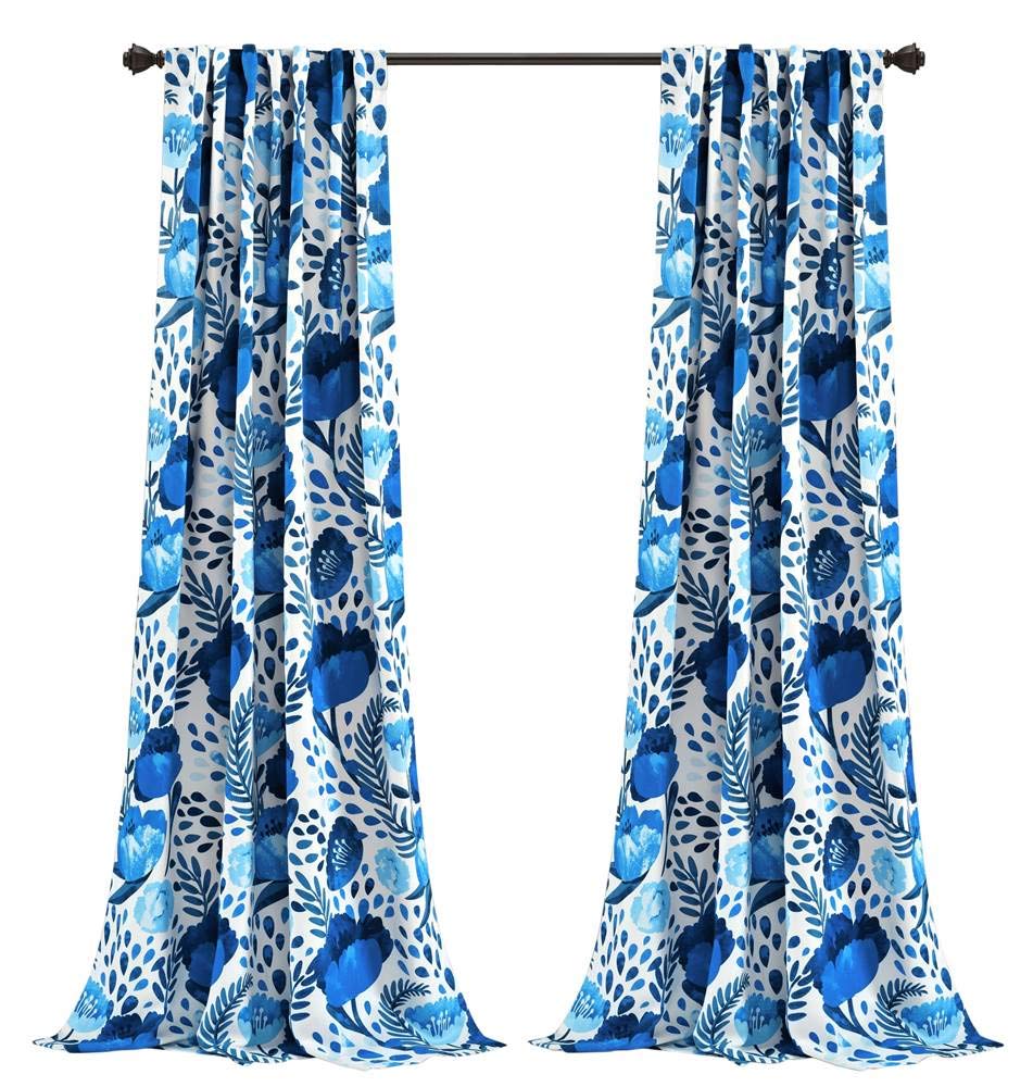 Lush Decor, Blue Poppy Garden Curtains Light Filtering Window Panel Set for Living, Dining, Bedroom (Pair) 95” x 52" — image 1