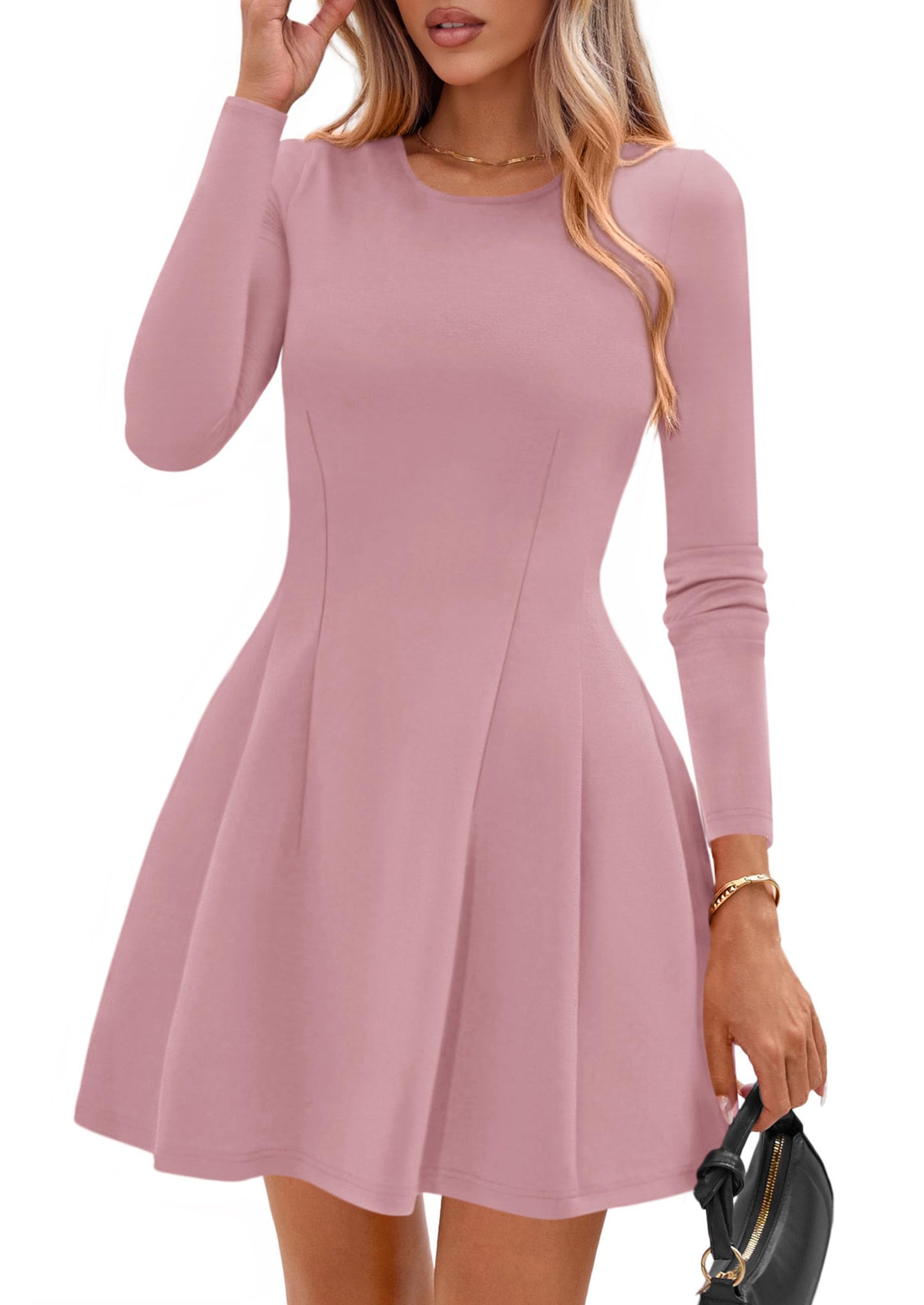 Photo 1 of PRETTYGARDEN Long Sleeve Mini Dress for Women 2026 Spring Crewneck Knit Pleated Babydoll A Line Casual Short Party Dresses (Pink,X-Small)