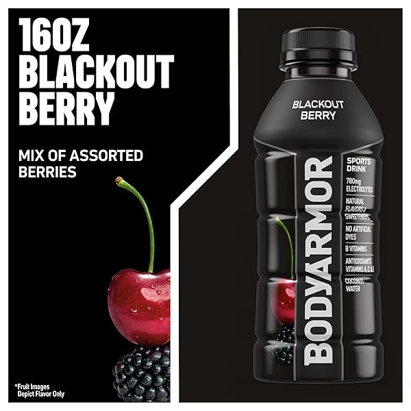 BODYARMOR SPORTS DRINK, BLACKOUT BERRY, ELECTROLYTE DRINK HYDRATION, 16 FL OZ BOTTLES (12 PACK), FLAVORED COCONUT WATER WITH B VITAMINS & ANTIOXIDANTS