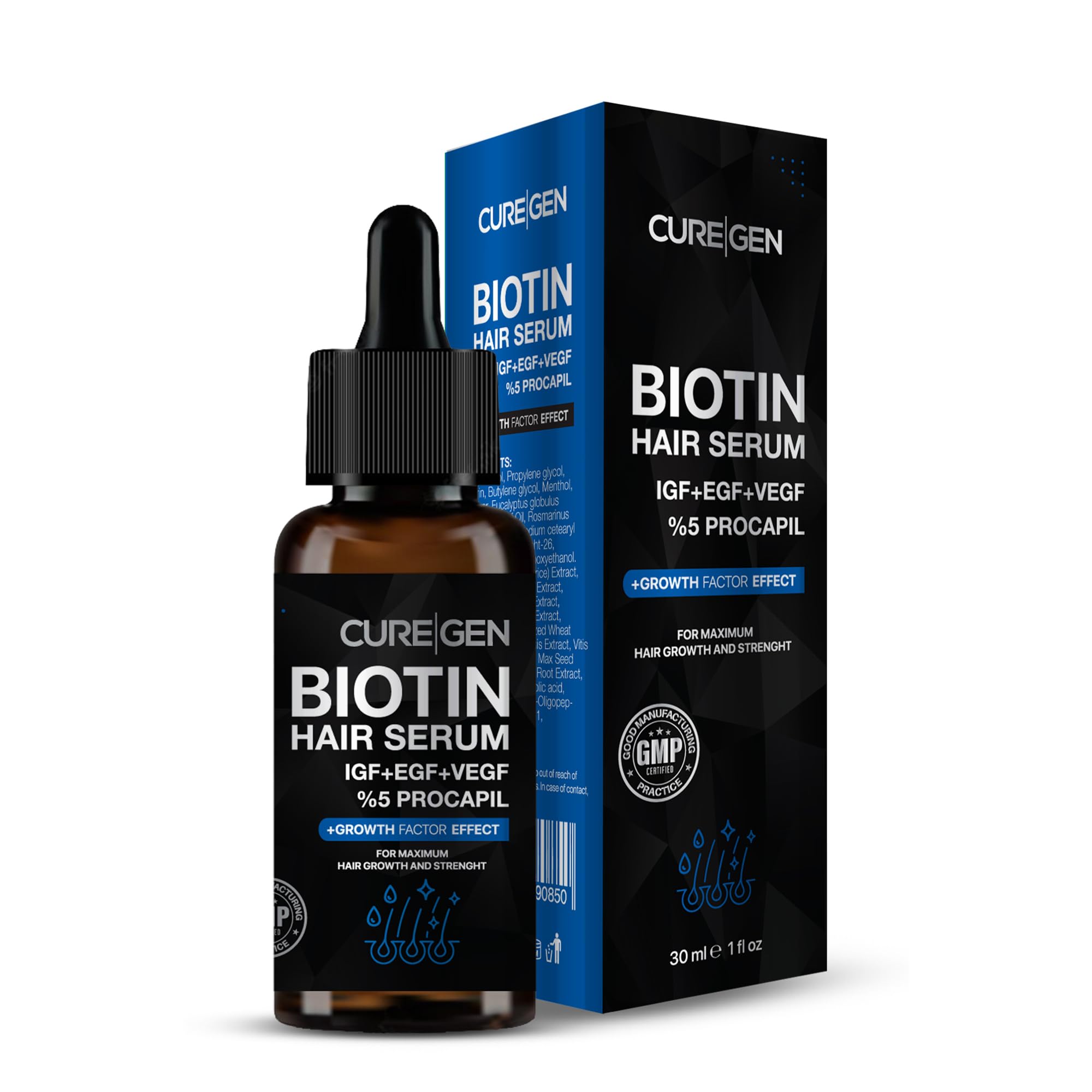 CUREGEN - Biotin Hair Growth Serum - Hair Strength with 5% Procapil - Hair Loss Treatment with Natural Ingredients - Effective Hair Thickening Plant Based Formula - Safe Clinically Tested - 30ml