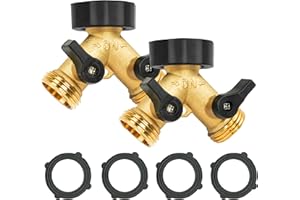 LIULO TOOL 2 Pack Brass Garden Hose Splitter 2 Way, Hose Y Splitter 3/4 Inch Heavy Duty Brass Hose Connector Tap Splitter, Hose Spigot Adapter 2 Valves with Rubber Washers