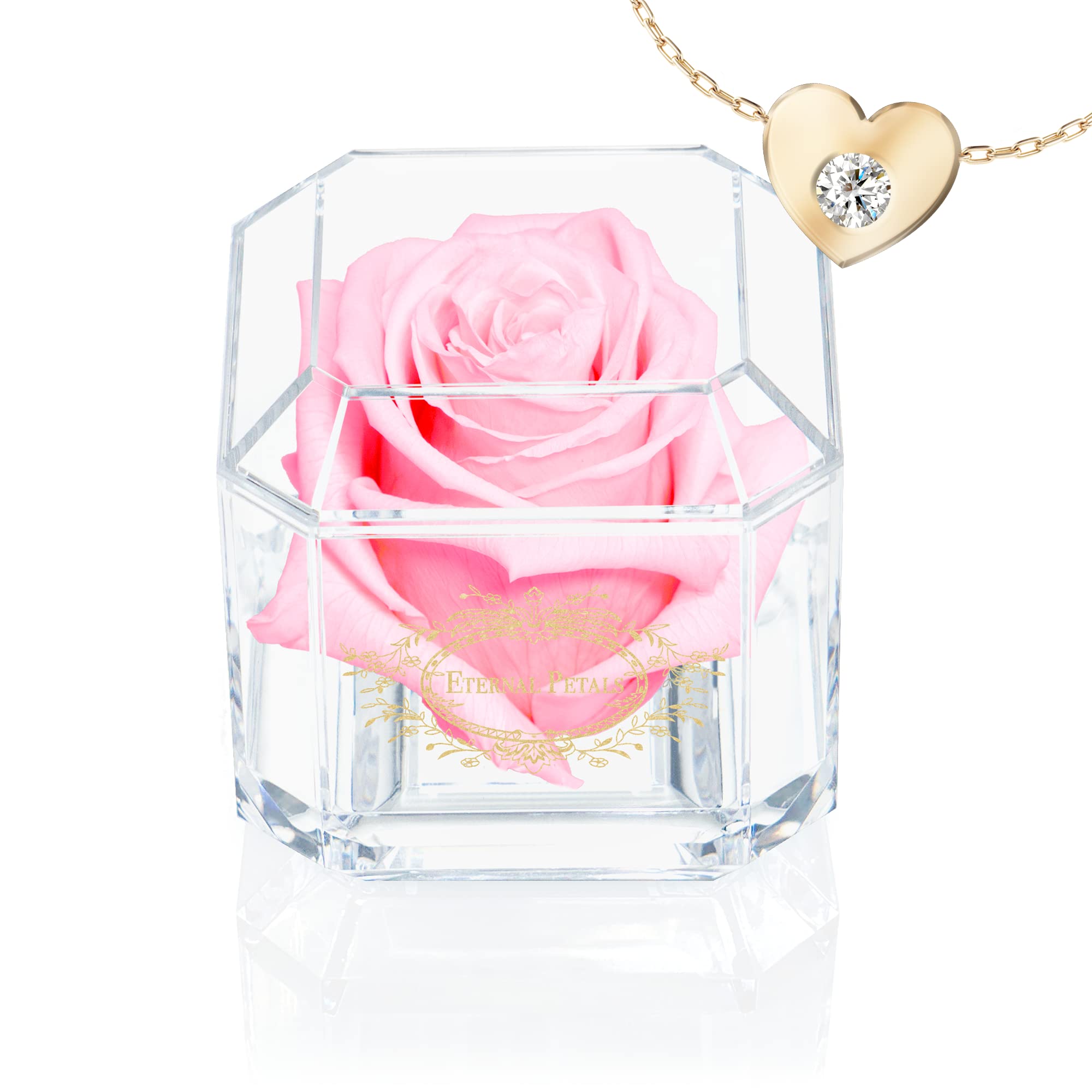 Eternal Petals A Real Rose That Lasts Years, Handmade in UK – Gold Solo with Gift Box, 18 ct Gold plated Heart Necklace with Clear Crystal and Love Message Greeting Card (Light Pink)