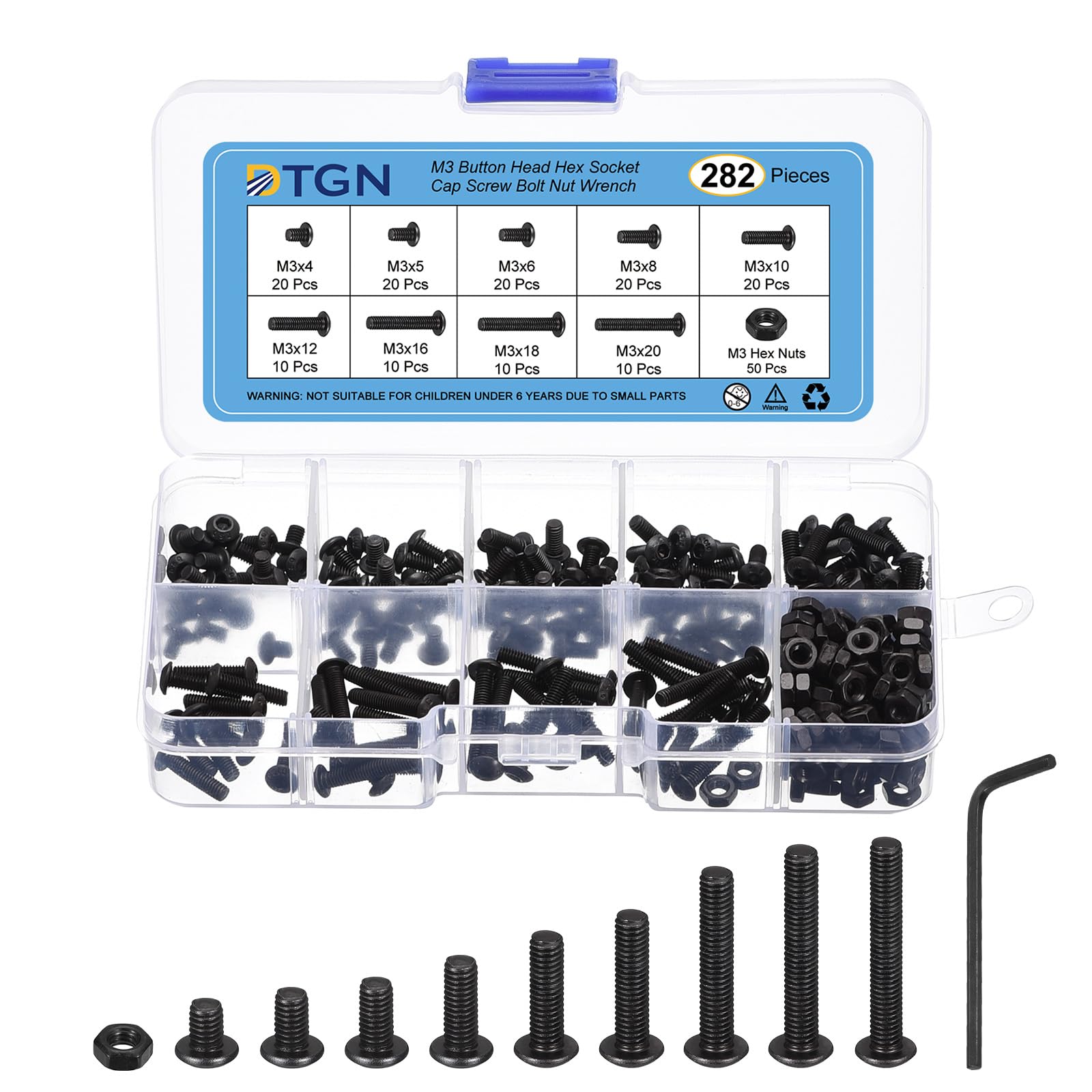 DTGN 282Pcs M3 Button Head Hex Socket Cap Screw - 4-20mm Bolt Nut Wrench Assortment Kit Carbon Steel Black - Good for Machine, Furniture