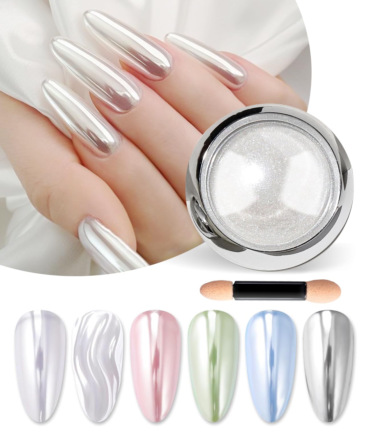 BISHENGYF Chrome Nail Powder - Super Mirror White Metallic Mermaid Effect for Gel Nails, Pearl Glitter for Nail Art Decoration