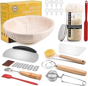Clheatky Sauerteig Starter Set, 11-teilig Gärkorb Brot, Gärkörbchen Rund 23cm, Komplettset Brot Backen Zubehör, Brotbacken Startver Set Großes Geschenk für Anfänger, Erfahrener Bäcker