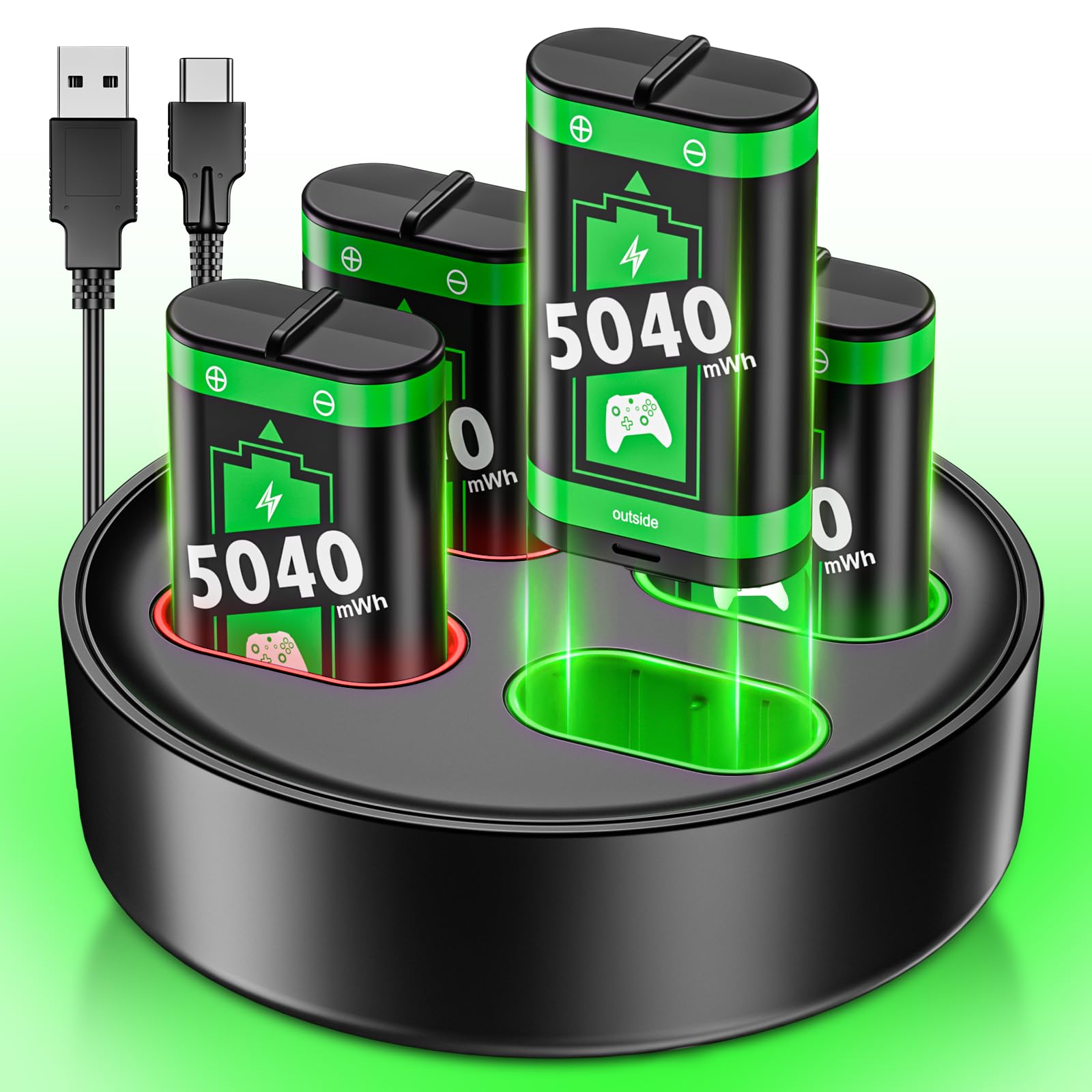 RJAD Rechargeable Battery Pack for Xbox Controller with Charger Station, 4 x 5040mWh Rechargeable Batteries Pack for Xbox Series S|X, Xbox One, One S|X, Elite Controller, with Battery Charging Dock