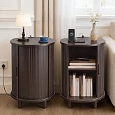 DHH End Table Set of 2 with Storage &amp; Charging Station, Fluted Accent Side Table with Sliding Door &amp; Adjustable Shelf, Mid-Century Nightstand for Small Spaces, Living Room, Bedroom(2, Dark Walnut)