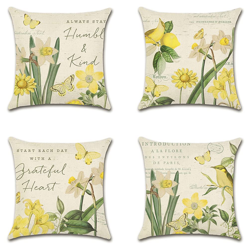 Artscope Set of 4 Decorative Cushion Covers 45x45cm, Daffodil Pattern Waterproof Throw Pillow Covers, Perfect to Outdoor Patio Garden Bench Living Room Sofa Farmhouse Decor