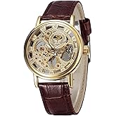 SEWOR Men's Mechanical Skeleton Transparent Vintage Style Leather Wrist Watch