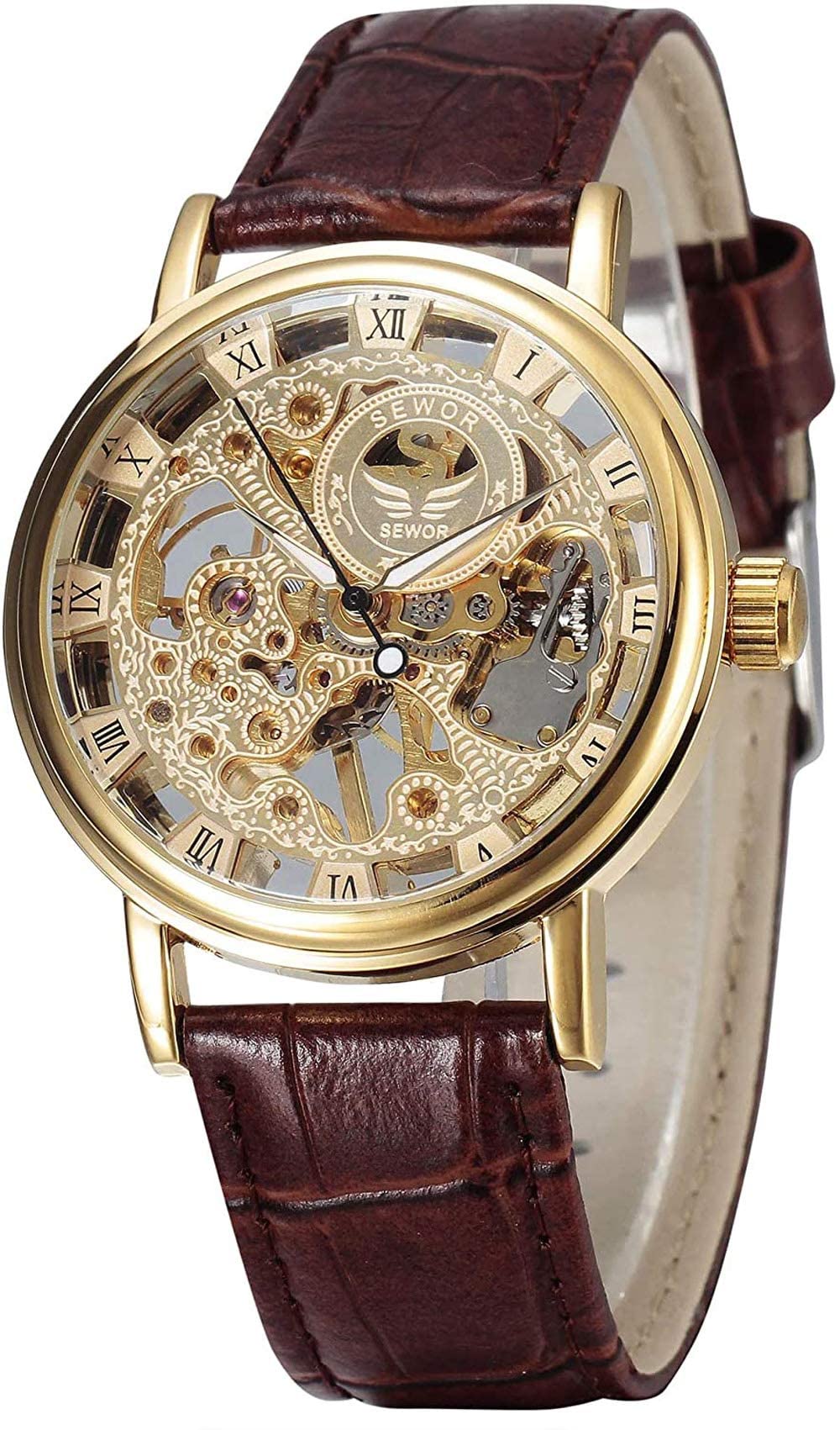 SEWOR Men's Mechanical Skeleton Transparent Vintage Style Leather Wrist Watch (Gold-1), Gold-1, Mechanical