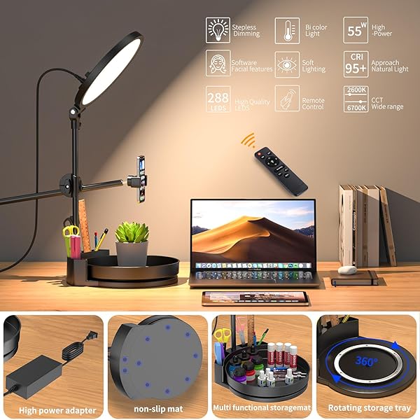 SELFIE LIGHT KIT FOR DESK AND LAPTOP,55W DIMMABLE FULL SCREEN RING LIGHT,WITH ROTATING STORAGE BOX,PEN HOLDER STAND,PHONE HOLDER AND CONTROLLER (BLACK-RGB, 10.5)