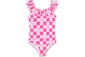 Dvenki Girls One Piece Swimsuit - Adjustable Strap, Checked Face & Mermaid Print Toddler Ruffle Bathing Suit Size 2T-10