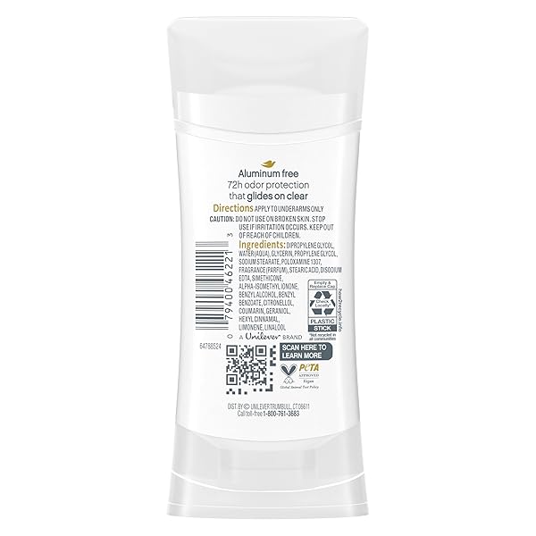 DOVE ALUMINUM FREE DEODORANT FOR WOMEN CUCUMBER AND GREEN TEA 72 HOUR ODOR PROTECTION 2.6 OZ