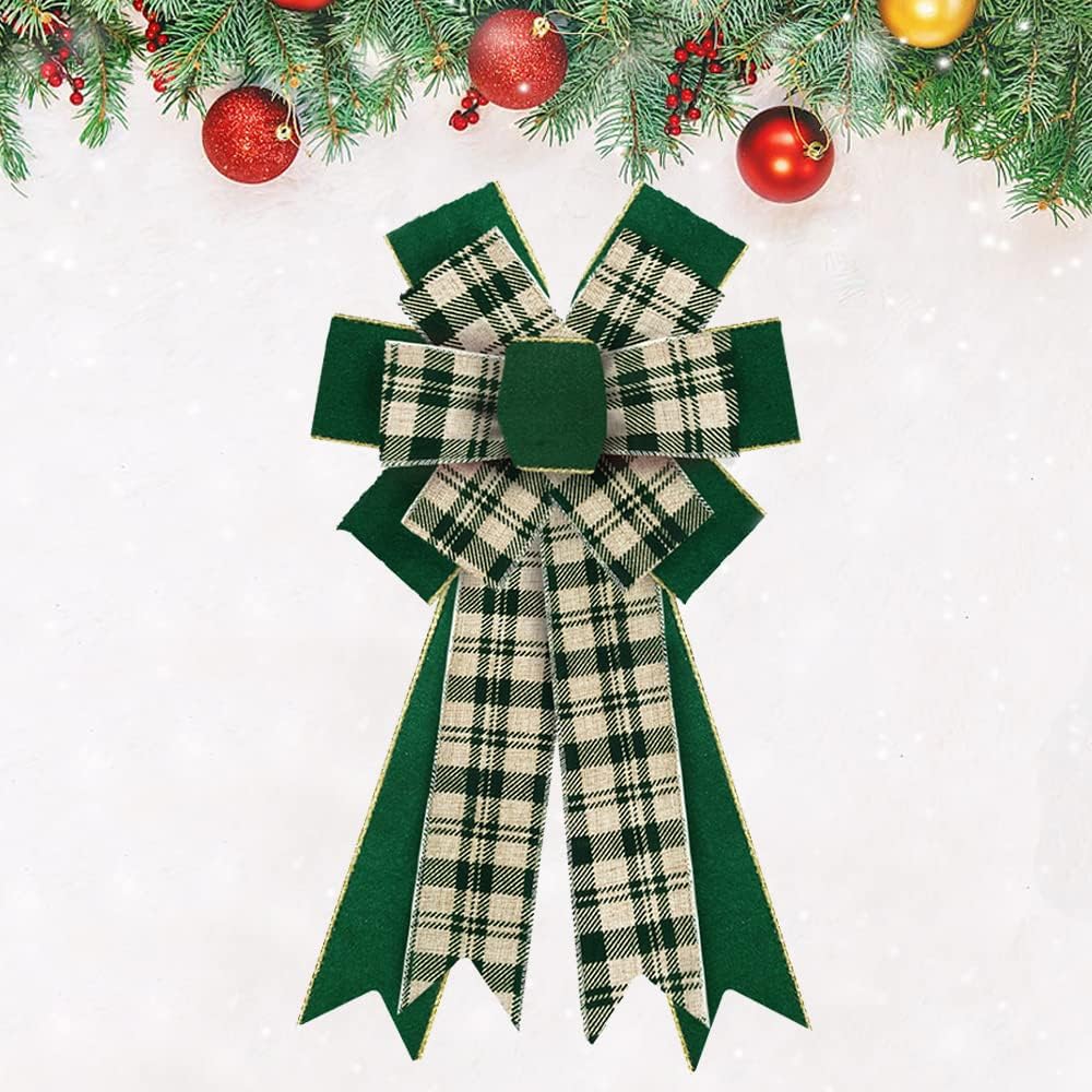 Bows & Ribbons - Estivaux Large Christmas Bows for Wreath, Xmas Wreath Bows Green Buffalo Plaid Bows Holiday Farmhouse Tree Topper Bows for Front Door Carnival Christmas Decorations
