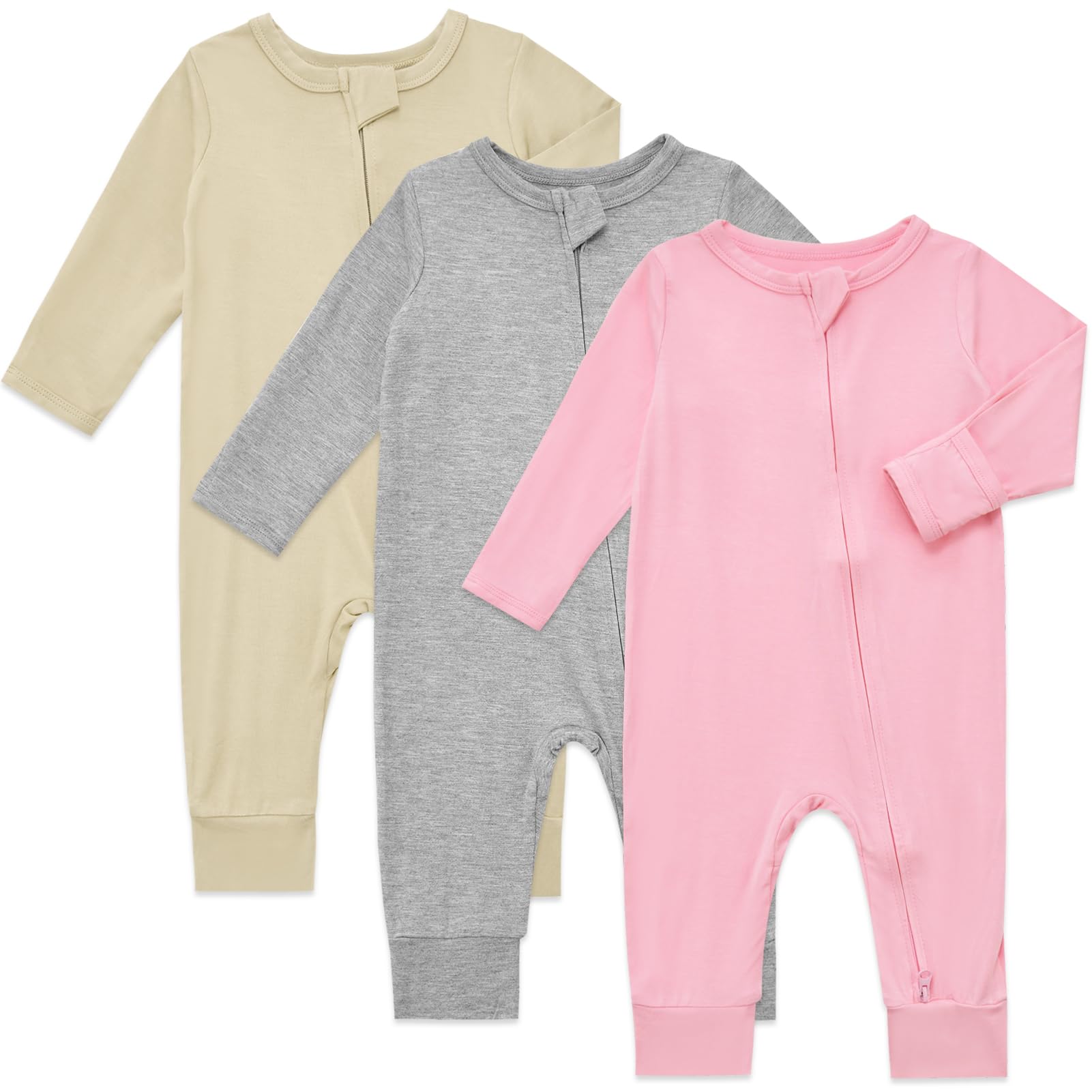 Photo 1 of ***GREEN AND BEIGE ONLY**
Aablexema Baby Footless Pajamas Bamboo Rayon 3pcs Unisex Infant Zipper Romper with Mitten Cuffs(Beige&Light Grey&Pink,6-12m)